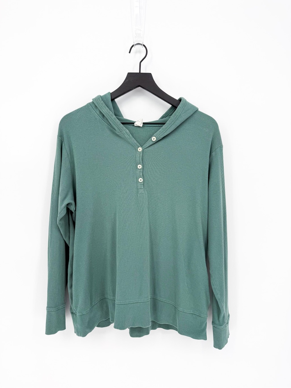 Kate Quinn Long Sleeve Ribbed Henley Hoodie Teal Large